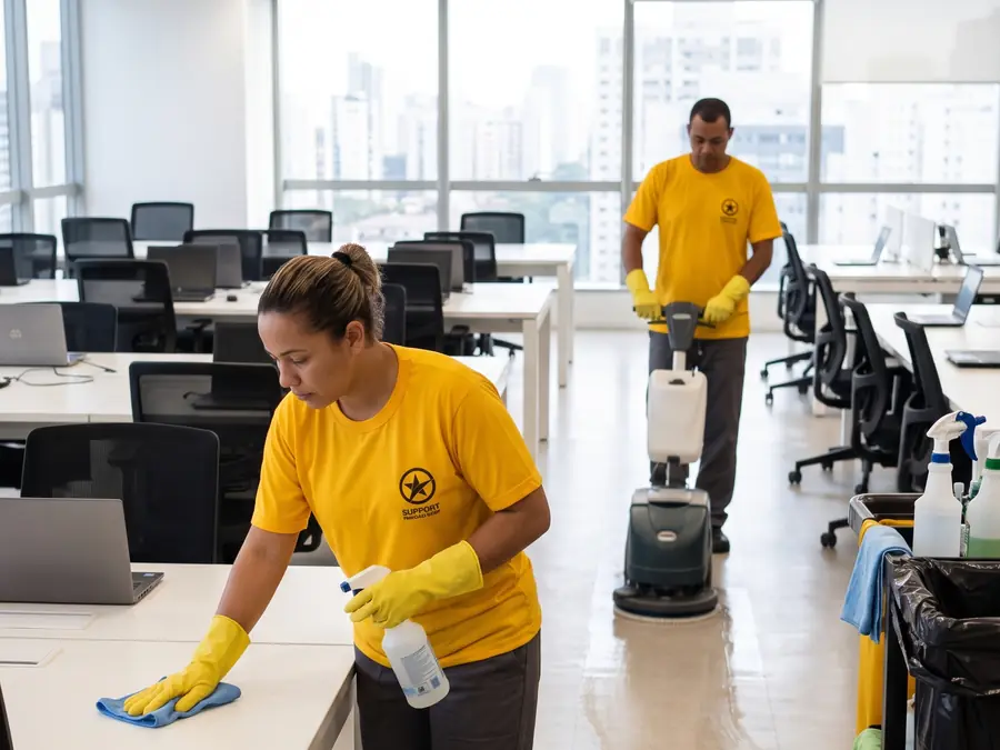 Equipe de limpeza terceirizada higienizando escritório