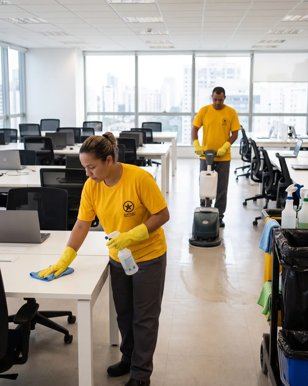 Equipe de limpeza terceirizada higienizando escritório