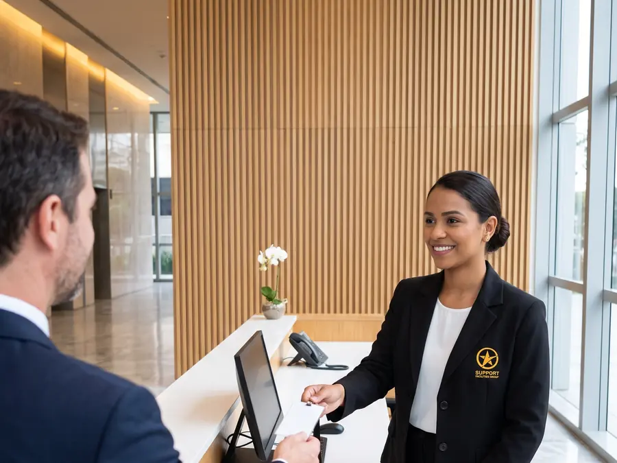 Recepcionista sorridente atendendo ao telefone