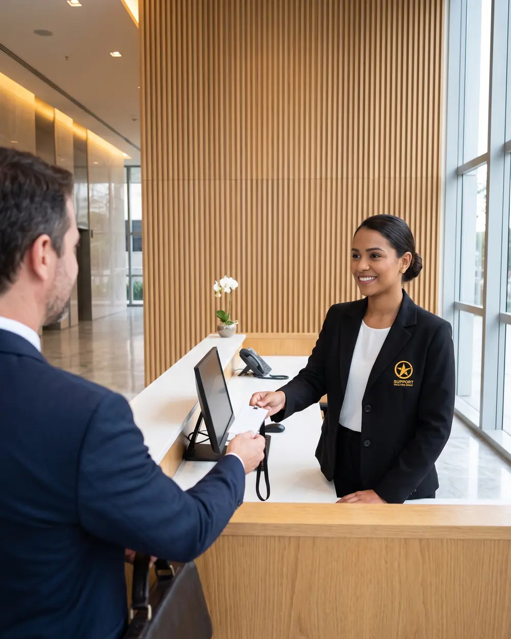 Recepcionista sorridente atendendo ao telefone