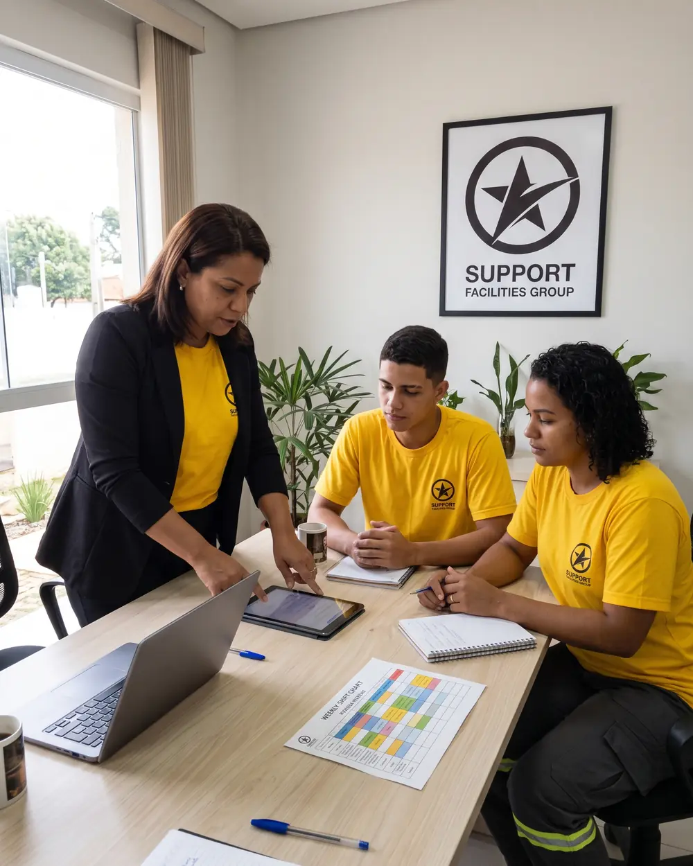 Franqueada revisando a escala da semana com a equipe no escritório da unidade