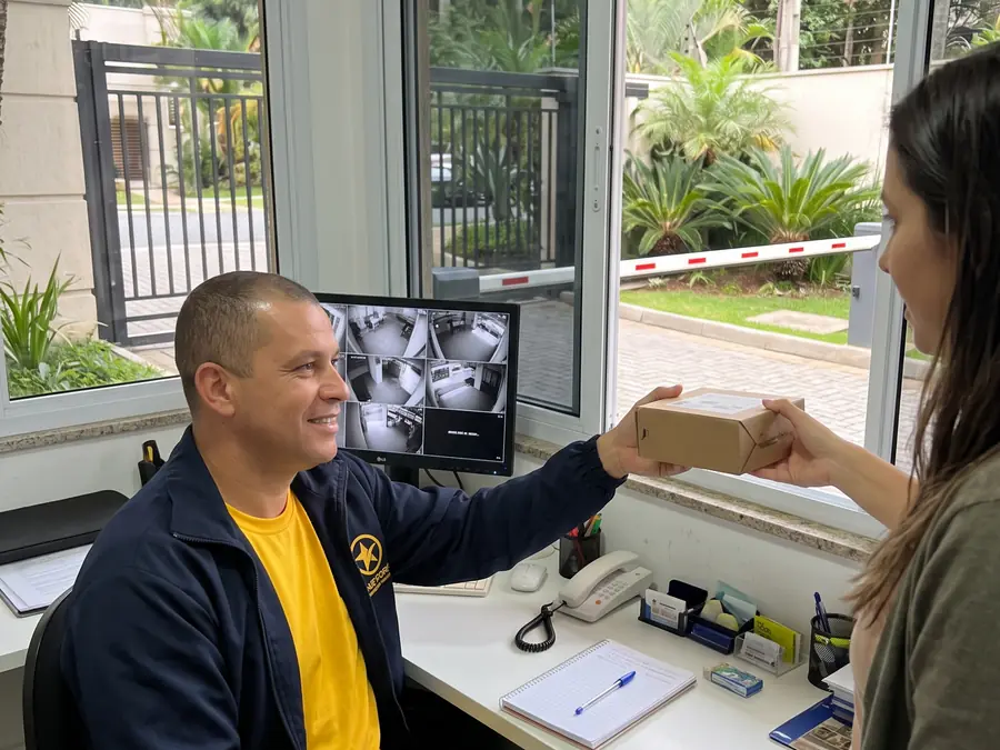 Porteiro entregando encomenda a uma moradora na portaria do condomínio