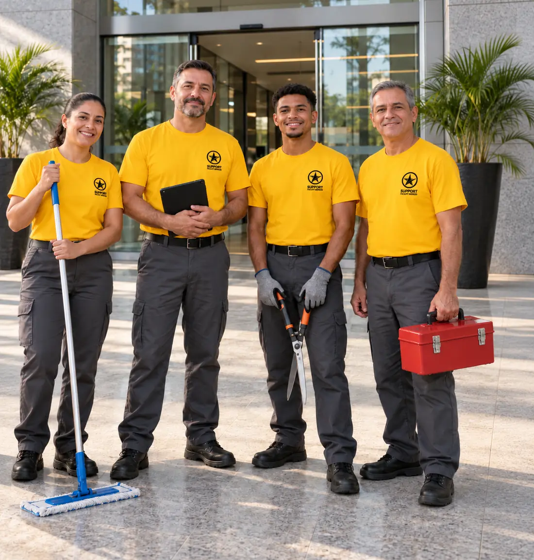Equipe Support Facilities Group uniformizada na entrada de um prédio corporativo