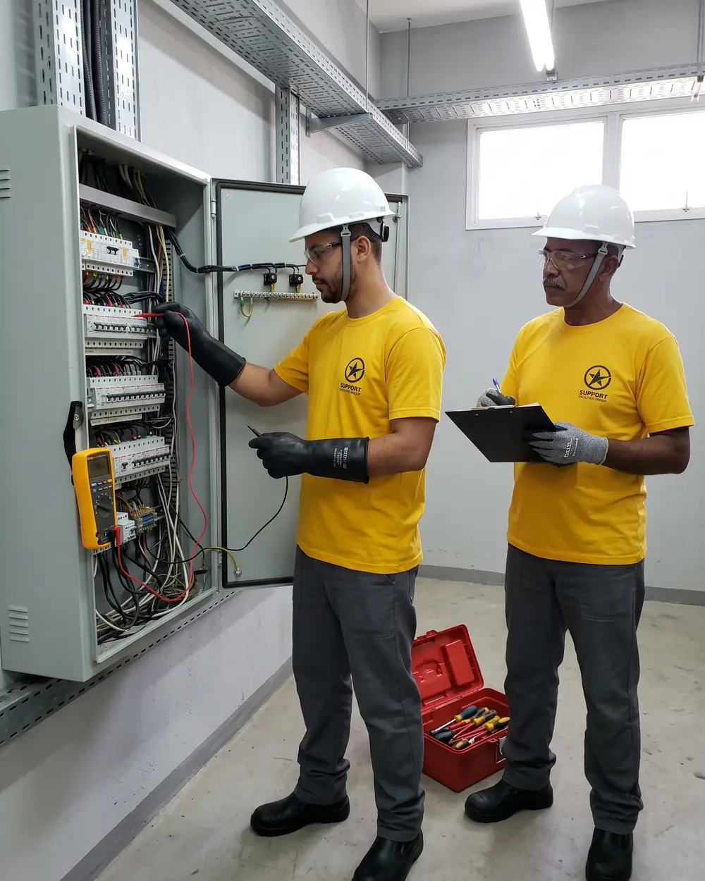 Técnicos com capacete e luvas inspecionando um quadro elétrico