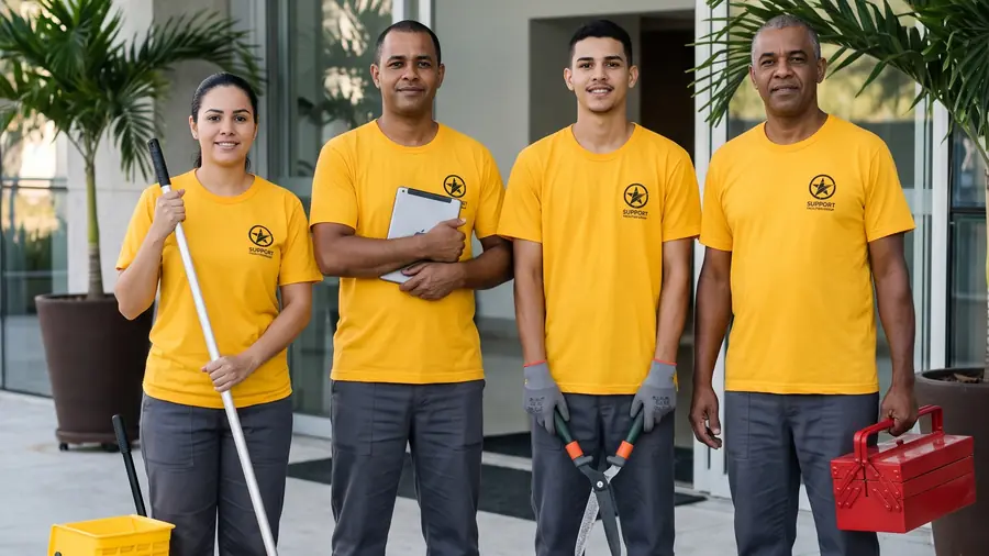 Equipe da Support com uniforme amarelo reunida antes do turno