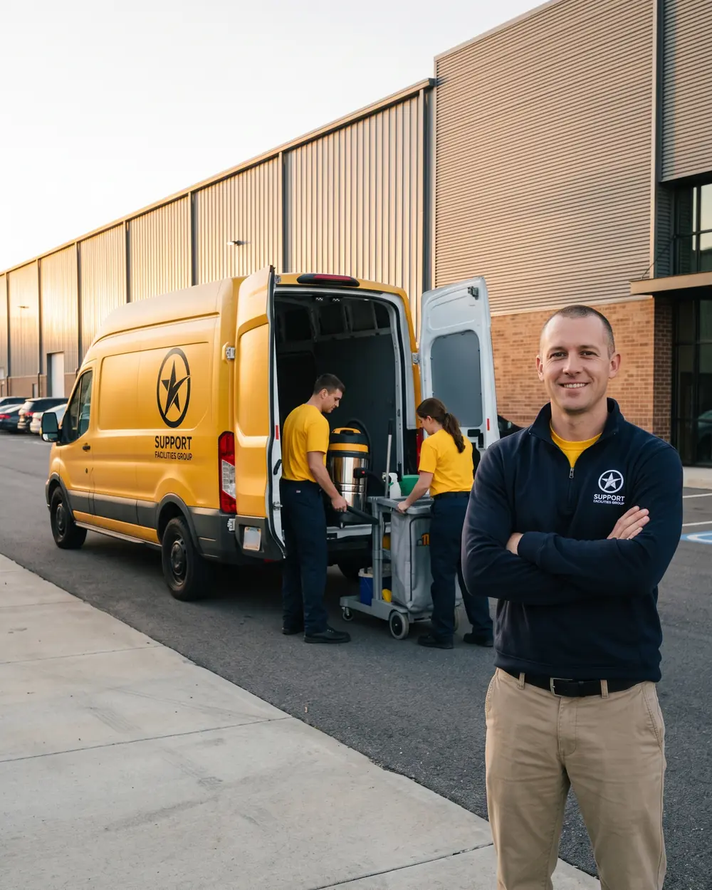 Facility services business owner next to a branded van while his crew loads equipment
