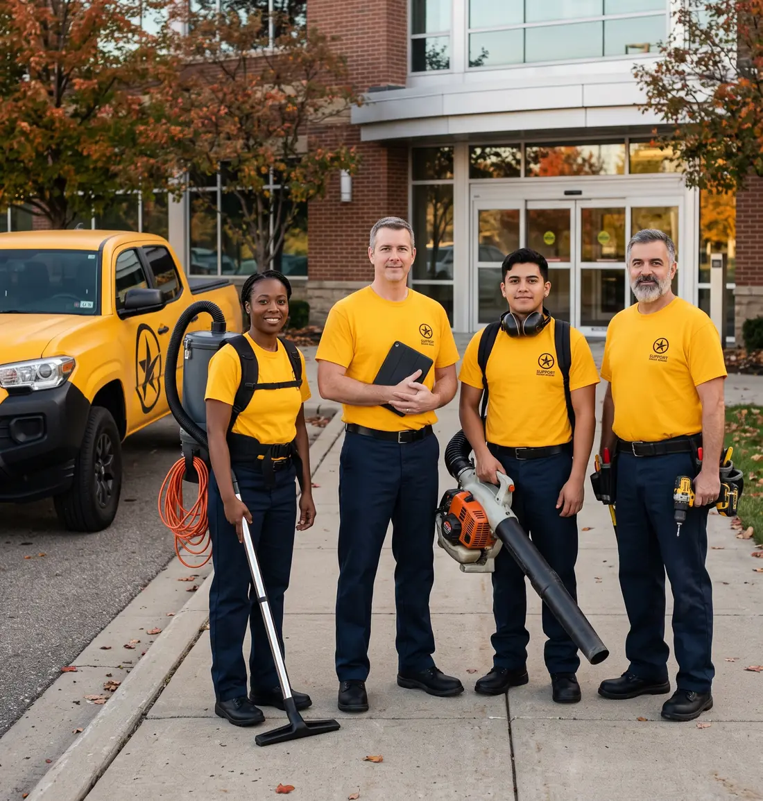 Support Facilities Group crew in uniform in front of an office building