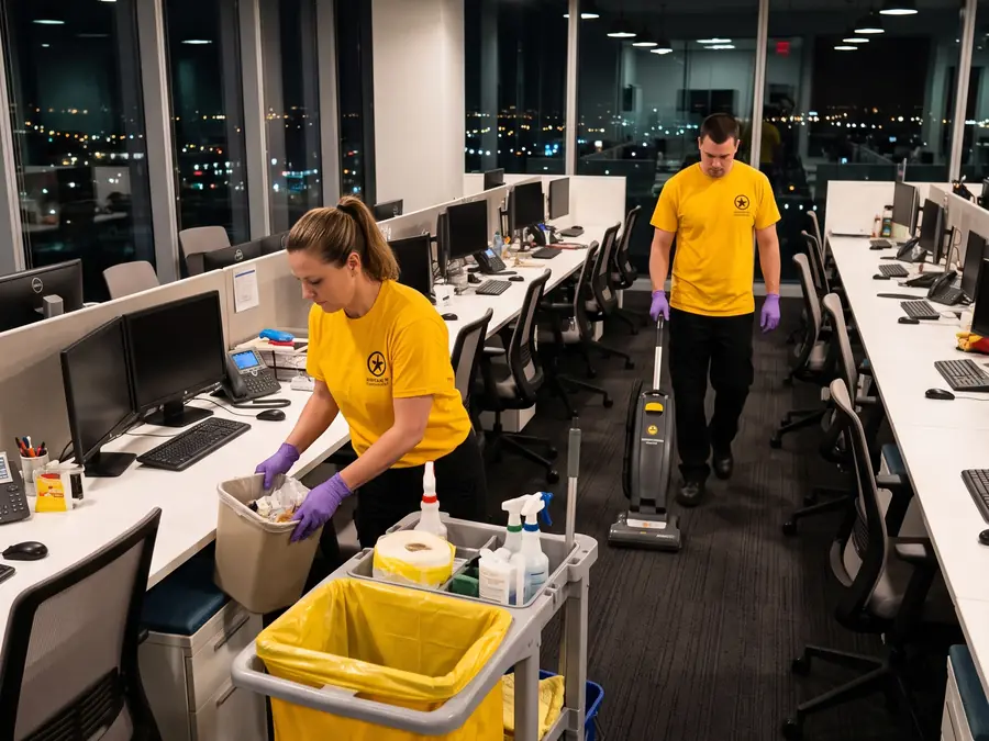 Janitorial crew emptying trash and vacuuming an office at night