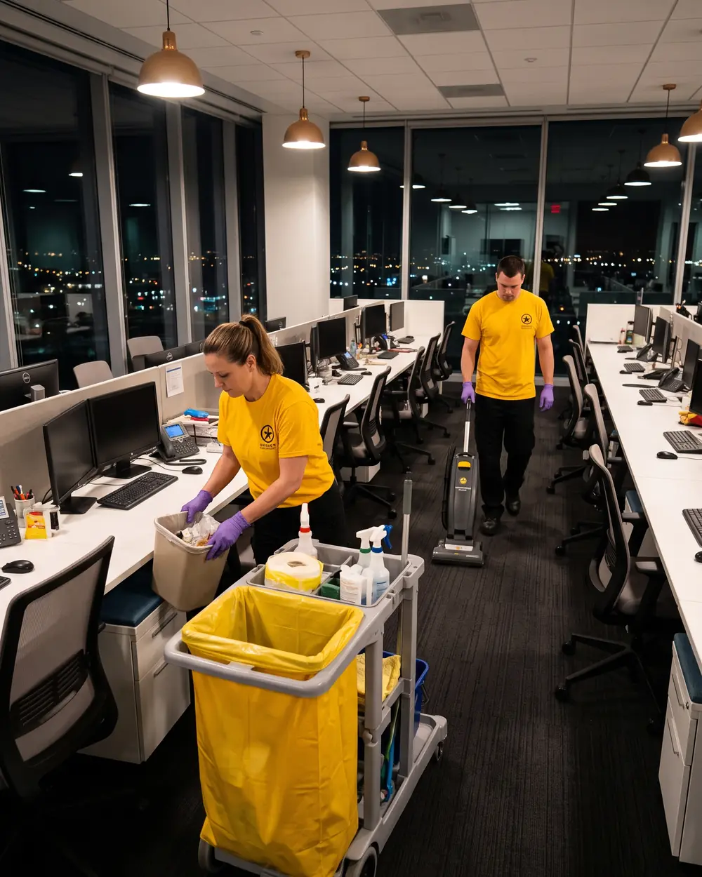 Janitorial crew emptying trash and vacuuming an office at night