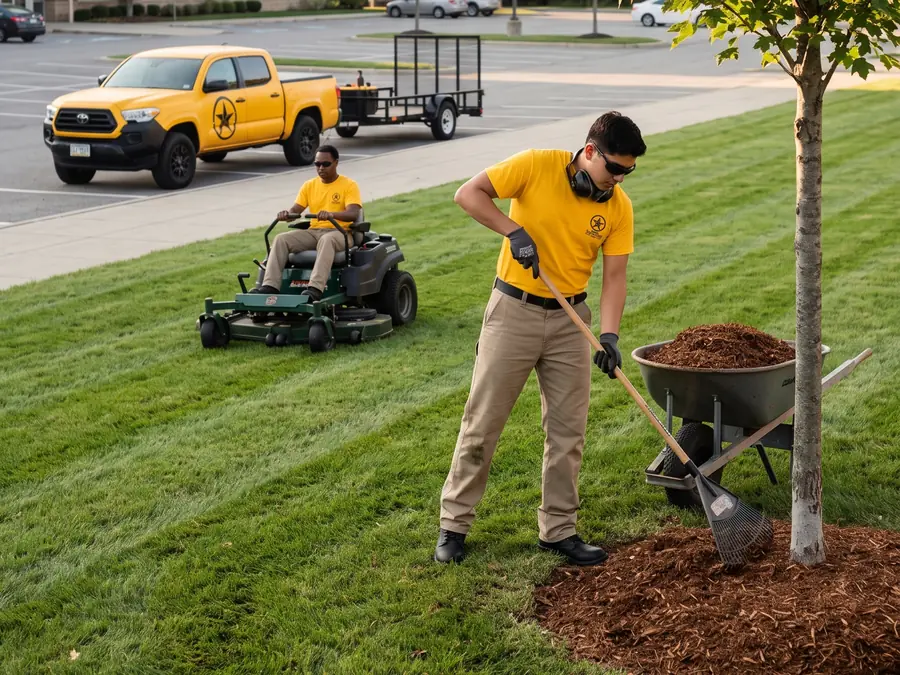 Grounds crew mowing and mulching at an office park