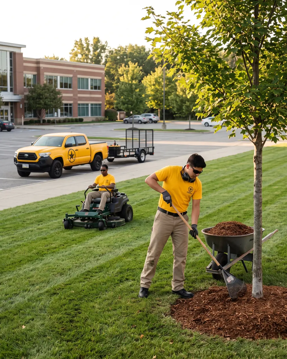 Grounds crew mowing and mulching at an office park