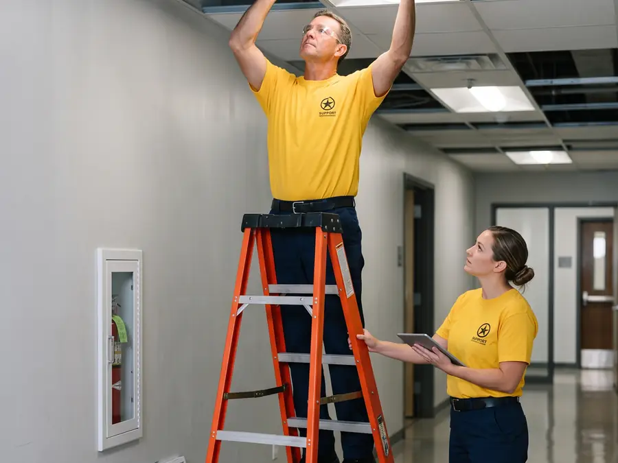 Technician replacing a ceiling light panel while a coworker logs the work order