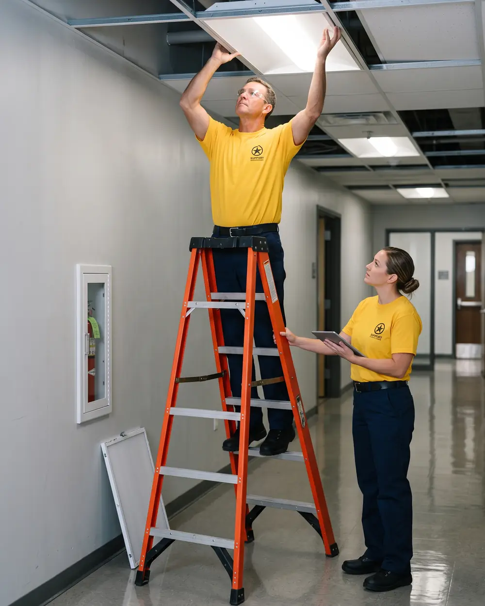 Technician replacing a ceiling light panel while a coworker logs the work order