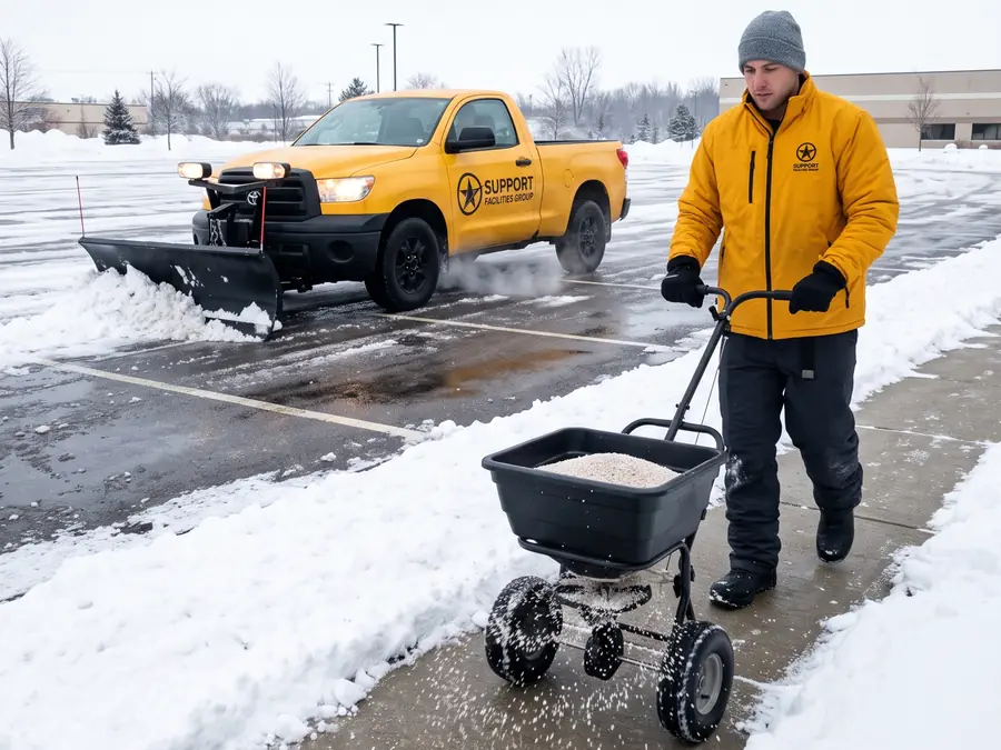 Worker salting a sidewalk while a plow truck clears the parking lot