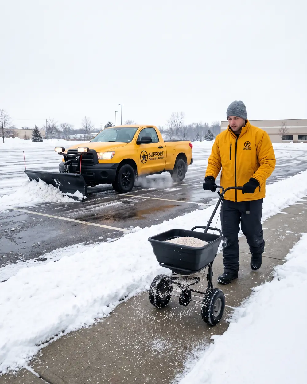 Worker salting a sidewalk while a plow truck clears the parking lot