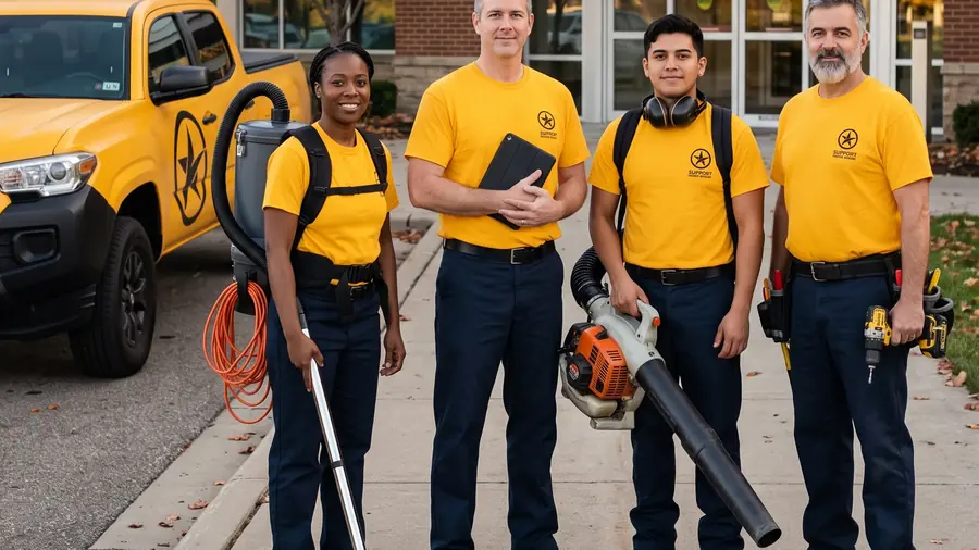 Support Facilities Group crew in yellow uniforms getting ready for a shift